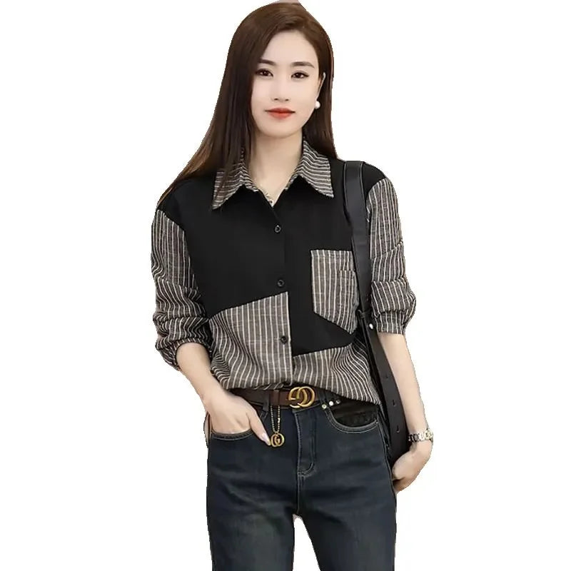 Elegant Female Blouse Color Matching Plaid Printed Shirt Fashion Button Tops Spring Autumn Women's Shirt Cotton Vintage J37