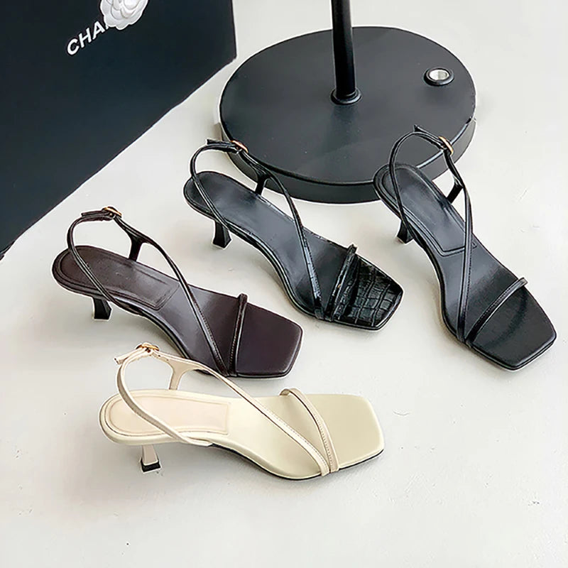 MOOQDAAX 2025 Spring Summer New Women's Shoes Side Band Design Feeling Fine High-heeled Genuine Leather Fashion Women Sandals