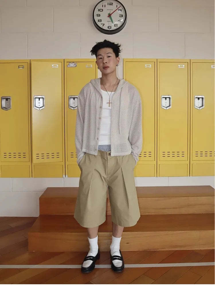 Mauroicardi Spring Summer Plaid Patchwork Khaki Shorts for Men Double Waist Knee Length Pants Luxury Designer Emo Clothes 2025