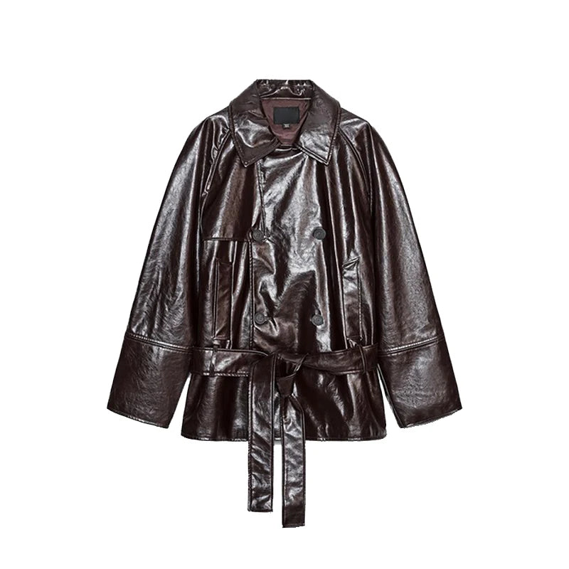 Elegant Burgundy Shiny Leather Lapel Collar Jackets Women Fashion Solid Full Sleeve Waist-cinching Outwear Lady Spring Chic Coat