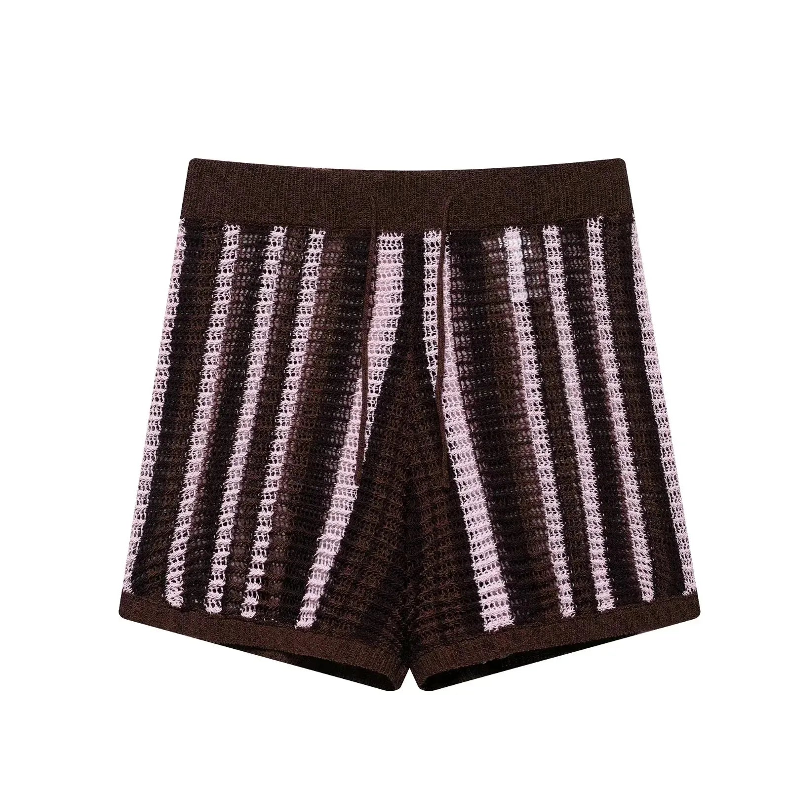 KONDALA Vintage Casual Chic Women Suit Striped Short Sleeve Knitted Tops Lace-up Shorts Fashion 2025 Spring Autumn Female Set