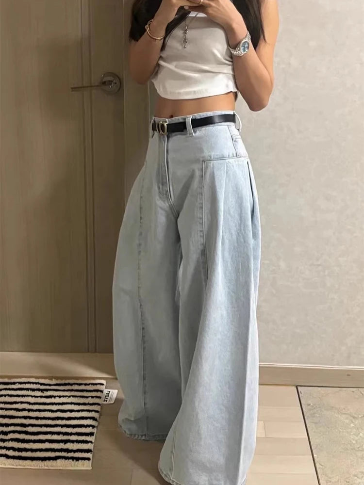 Chic High Waist Wide Leg Denim Jeans Women's Spring New Small ence Design Waed Straight Leg Long Pants Slimming Effect