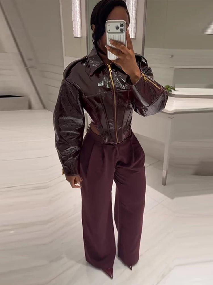 Elegant Burgundy Shiny Leather Lapel Collar Jackets Women Fashion Solid Full Sleeve Waist-cinching Outwear Lady Spring Chic Coat