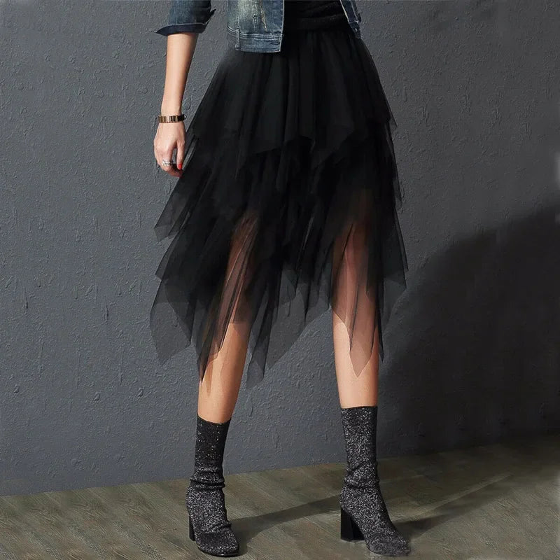 Irregular Tulle Skirt Women Spring Mesh Summer High Waist Skirt Up Party Casual Style Gothic Black Aesthetic Midi Skirts
