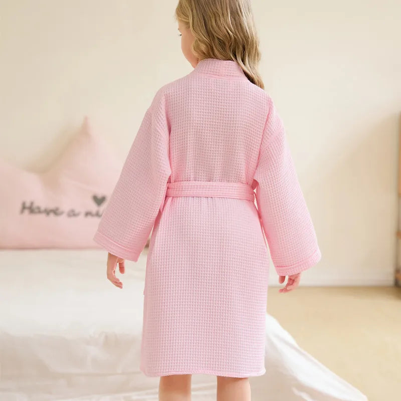 Cotton Waffle Kids Bathrobe - A Class 2025 S/S Soft Absorbent Non-Shedding Belted Homewear After Bath & Sleepwear for 3-10Y