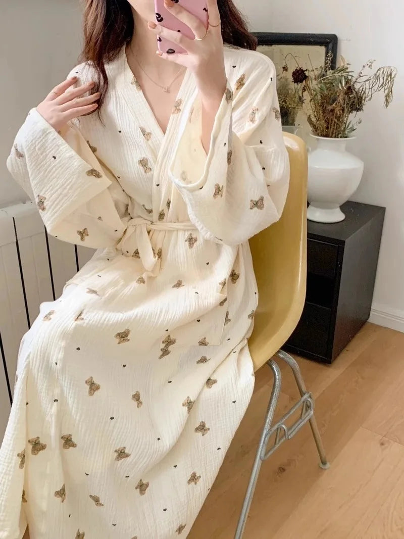 Women's Spring Autumn Robes Dress Home Clothes Long Sleeve Nightie for Women Pyjamas Cherry Print Ladies Homewear Robe Pyjama