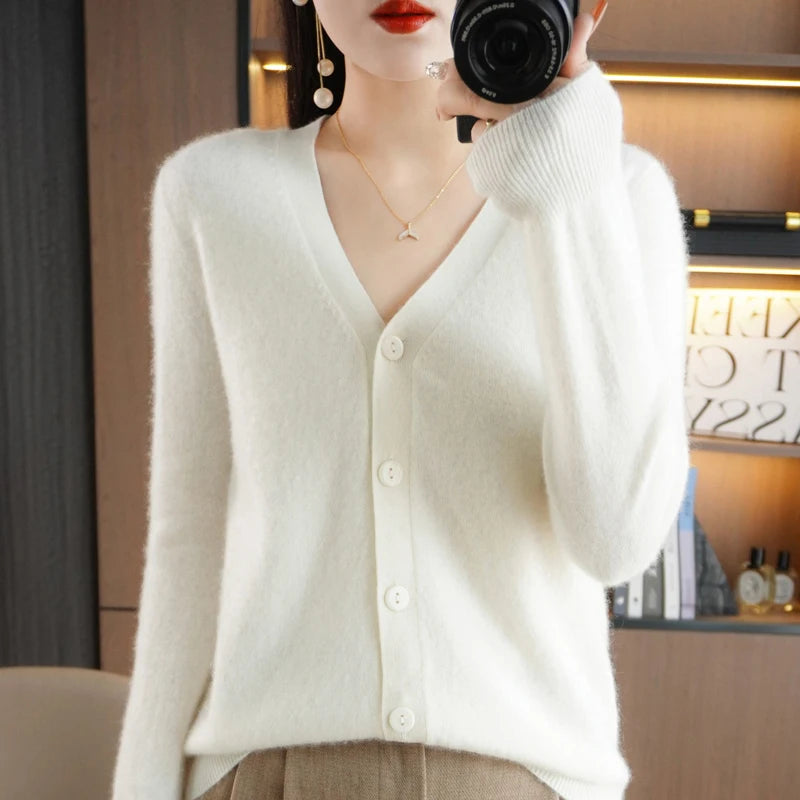 New Worsted Spring And Autumn Female V-Neck Cardigan Solid Color Fashion High-Grade Loose Comfortable Knitted Cardigan-gh312