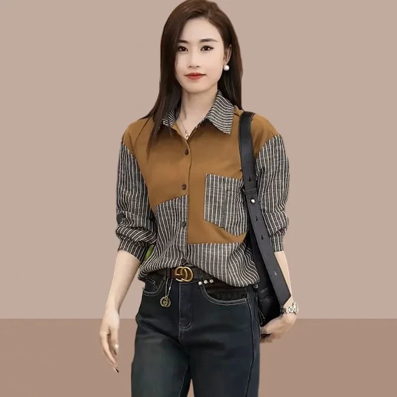 Elegant Female Blouse Color Matching Plaid Printed Shirt Fashion Button Tops Spring Autumn Women's Shirt Cotton Vintage J37