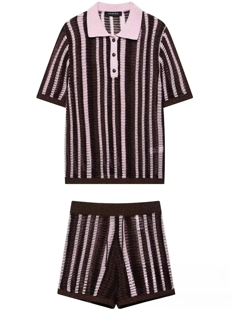 KONDALA Vintage Casual Chic Women Suit Striped Short Sleeve Knitted Tops Lace-up Shorts Fashion 2025 Spring Autumn Female Set
