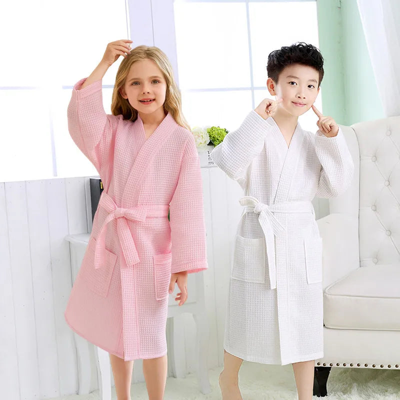 Cotton Waffle Kids Bathrobe - A Class 2025 S/S Soft Absorbent Non-Shedding Belted Homewear After Bath & Sleepwear for 3-10Y