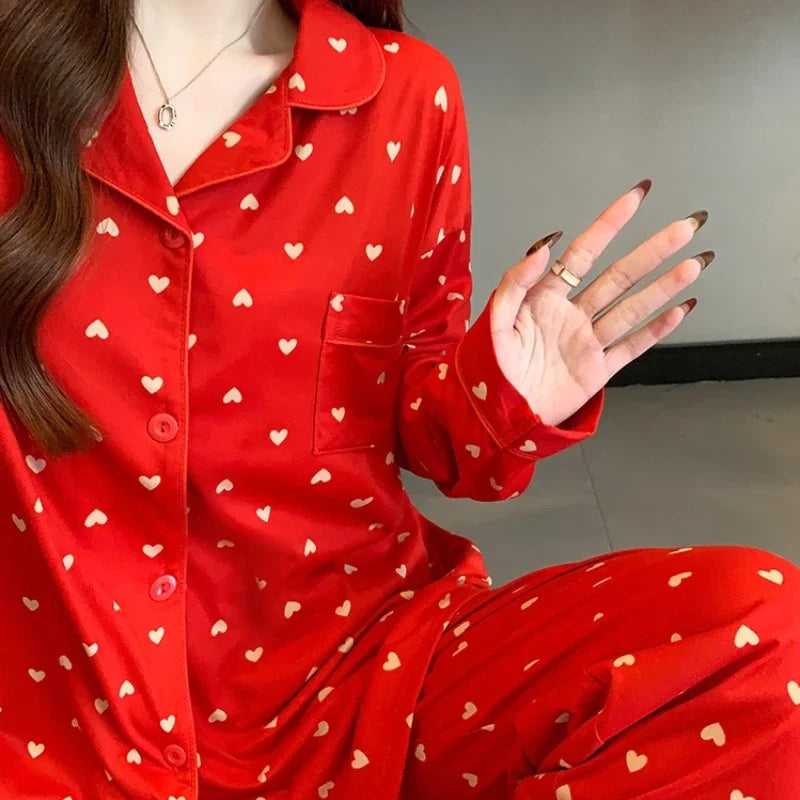 2025 Spring New Faux Cotton Women's Pajamas Set Y2k Lapel Button Cardigan Lounges Senior Red Love Heart Fashion Home Clothes 2pc