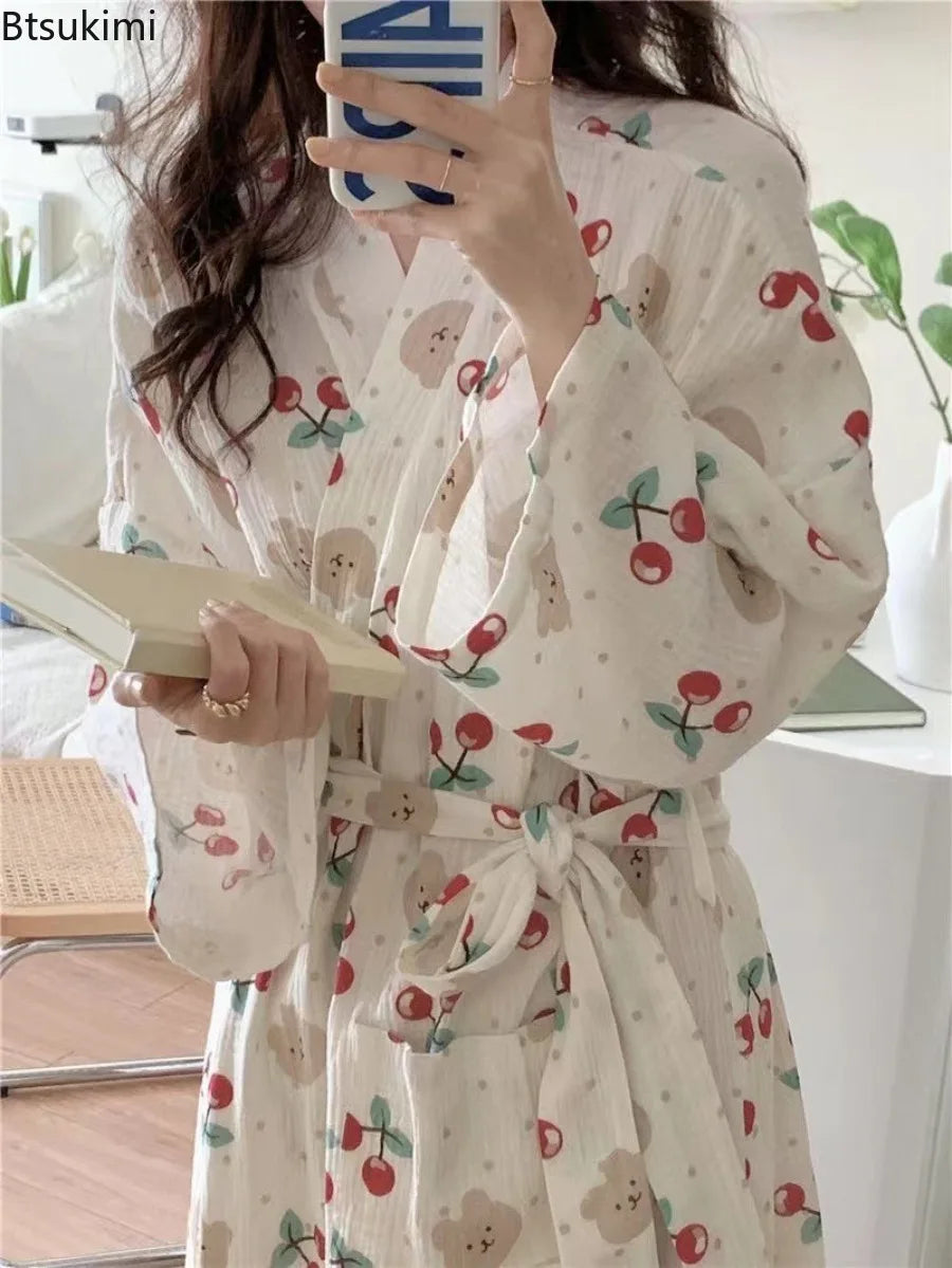 Women's Spring Autumn Robes Dress Home Clothes Long Sleeve Nightie for Women Pyjamas Cherry Print Ladies Homewear Robe Pyjama