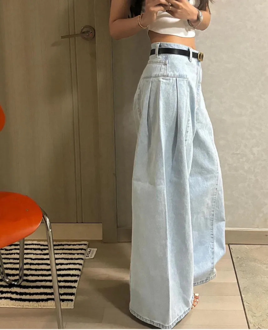 Chic High Waist Wide Leg Denim Jeans Women's Spring New Small ence Design Waed Straight Leg Long Pants Slimming Effect