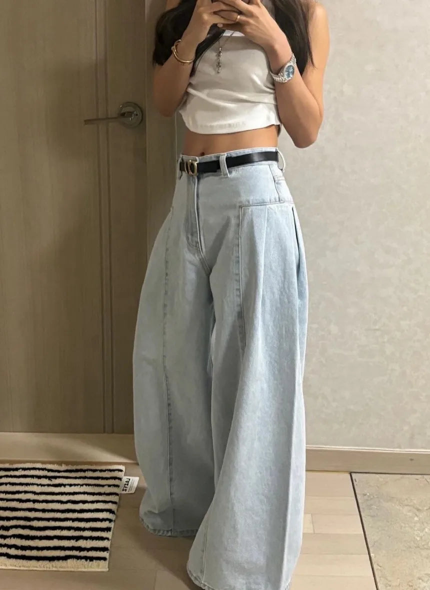 Chic High Waist Wide Leg Denim Jeans Women's Spring New Small ence Design Waed Straight Leg Long Pants Slimming Effect