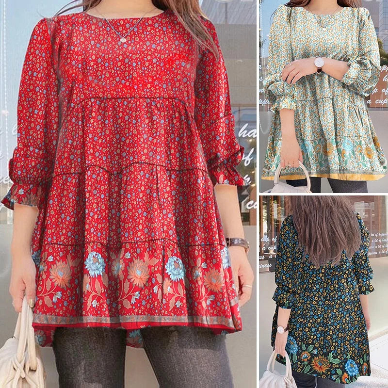 2022 The New Women Fashion Floral Print Tee Casual Ruffle Loose Top Ladies Puff Sleeves Spring and Autumn S-3XL Blouse T-Shirt