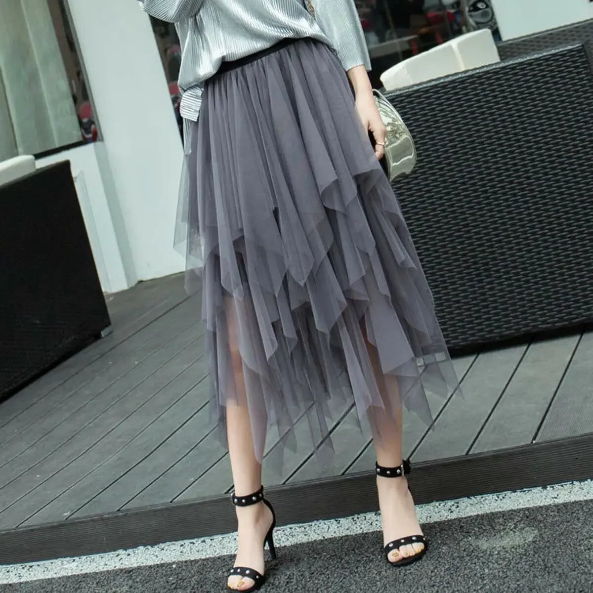 Irregular Tulle Skirt Women Spring Mesh Summer High Waist Skirt Up Party Casual Style Gothic Black Aesthetic Midi Skirts