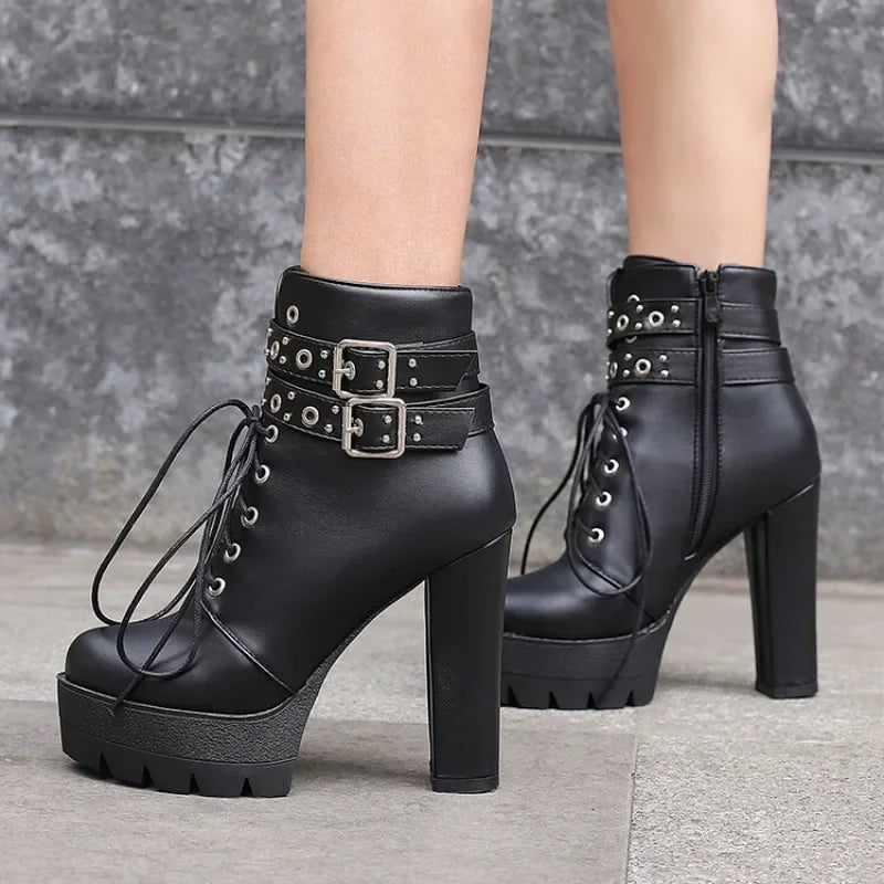 2024 Rivet Ankle Short Boots Round Head 13cm Heel Waterproof Platform Spring Autumn Boots 34-43 Belt Buckle Zip PU Women's Boots