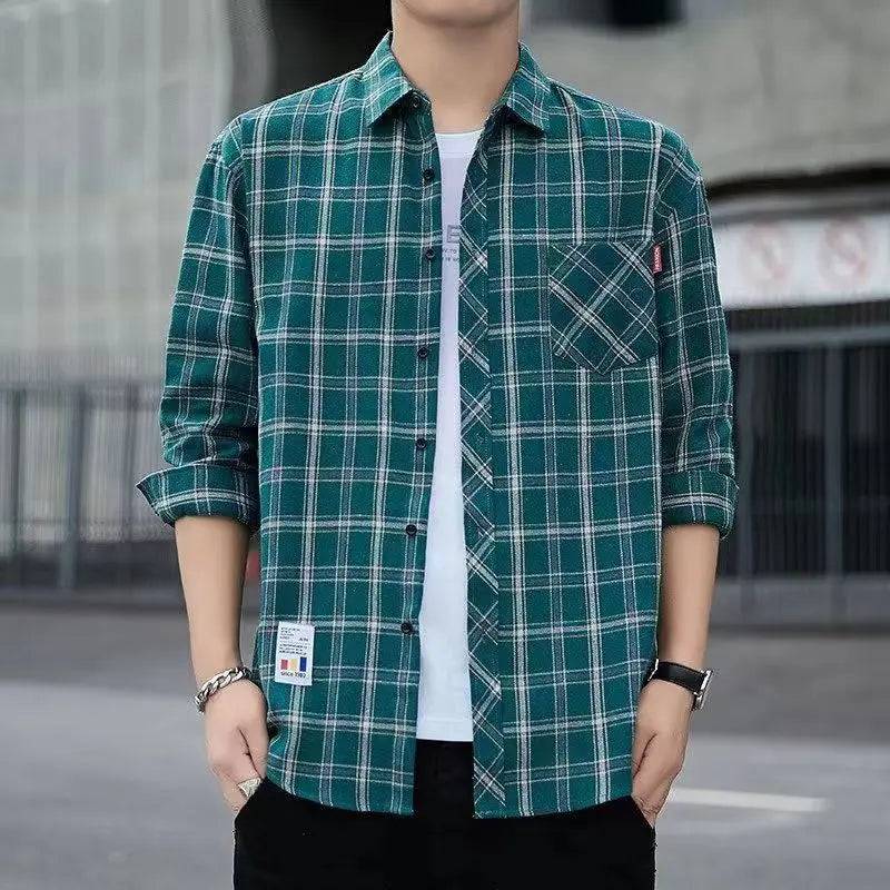 Men Clothing Vintage Classic Plaid Print Appliques All Match Shirt Spring Autumn Casual Lapel Long Sleeve Loose Streetwear Tops