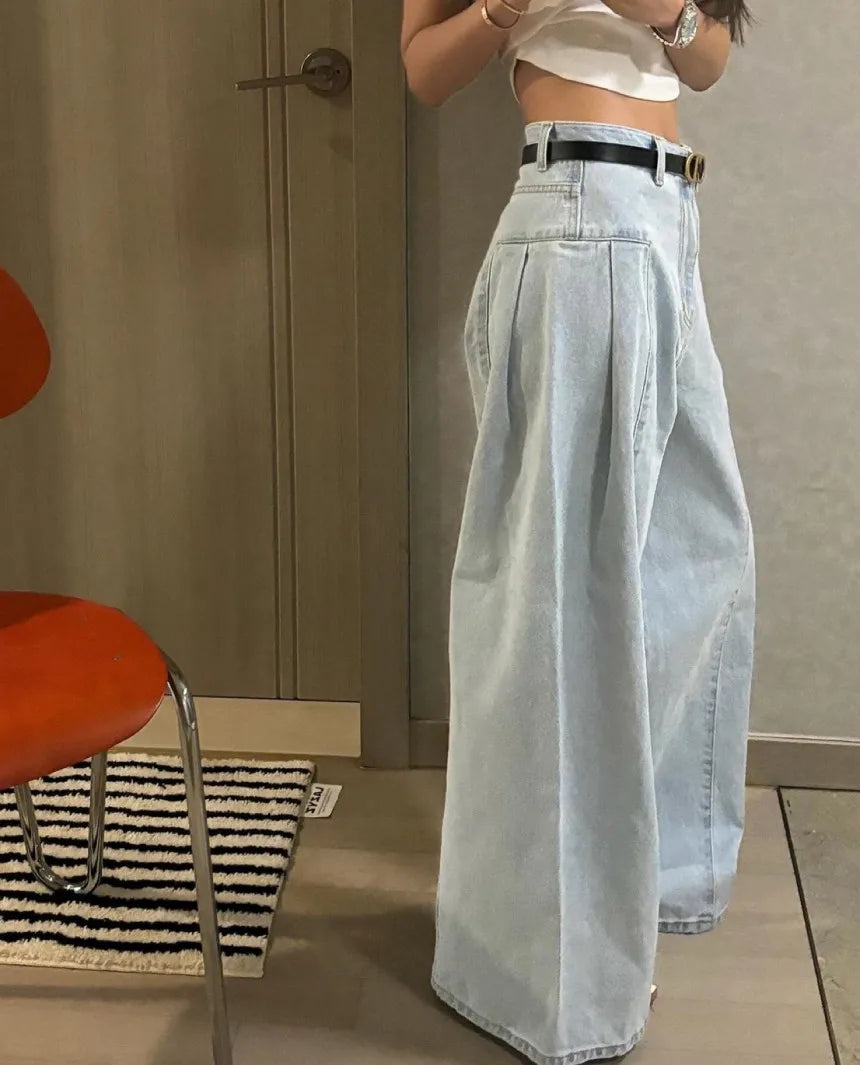 Chic High Waist Wide Leg Denim Jeans Women's Spring New Small ence Design Waed Straight Leg Long Pants Slimming Effect