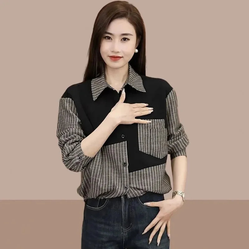 Elegant Female Blouse Color Matching Plaid Printed Shirt Fashion Button Tops Spring Autumn Women's Shirt Cotton Vintage J37