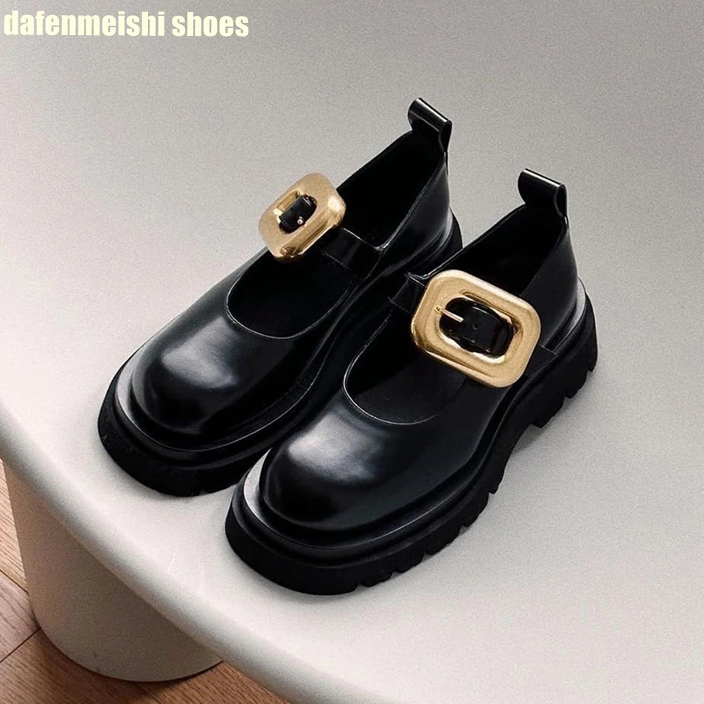 Metal Buckle Loafers Leather Shoes for Women Black Round Toe Platform Slip On Mary Jane Shoes 2026 Spring Fashion Casual Shoes