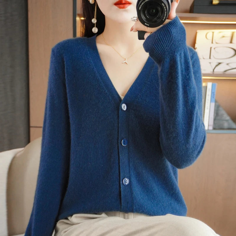New Worsted Spring And Autumn Female V-Neck Cardigan Solid Color Fashion High-Grade Loose Comfortable Knitted Cardigan-gh312