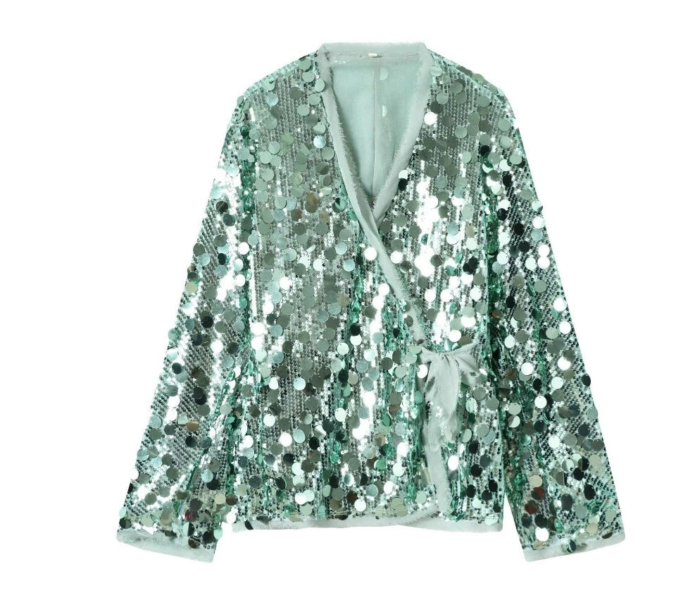 Women's Solid Color Sequin Leace-up Coat Temperament Commuting Long Sleeve Suit Cardigan Coats Female 2025 Spring New Hot Style