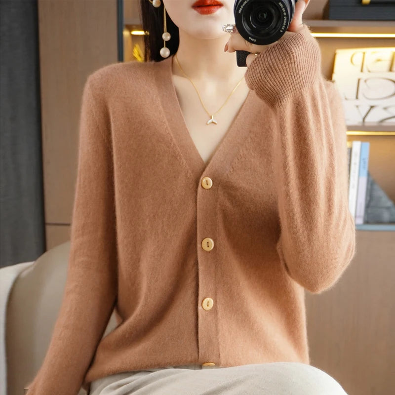 New Worsted Spring And Autumn Female V-Neck Cardigan Solid Color Fashion High-Grade Loose Comfortable Knitted Cardigan-gh312