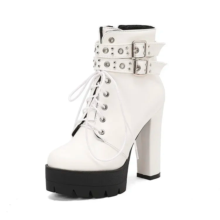 2024 Rivet Ankle Short Boots Round Head 13cm Heel Waterproof Platform Spring Autumn Boots 34-43 Belt Buckle Zip PU Women's Boots