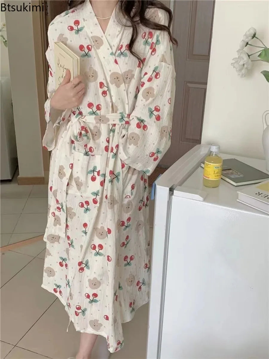 Women's Spring Autumn Robes Dress Home Clothes Long Sleeve Nightie for Women Pyjamas Cherry Print Ladies Homewear Robe Pyjama