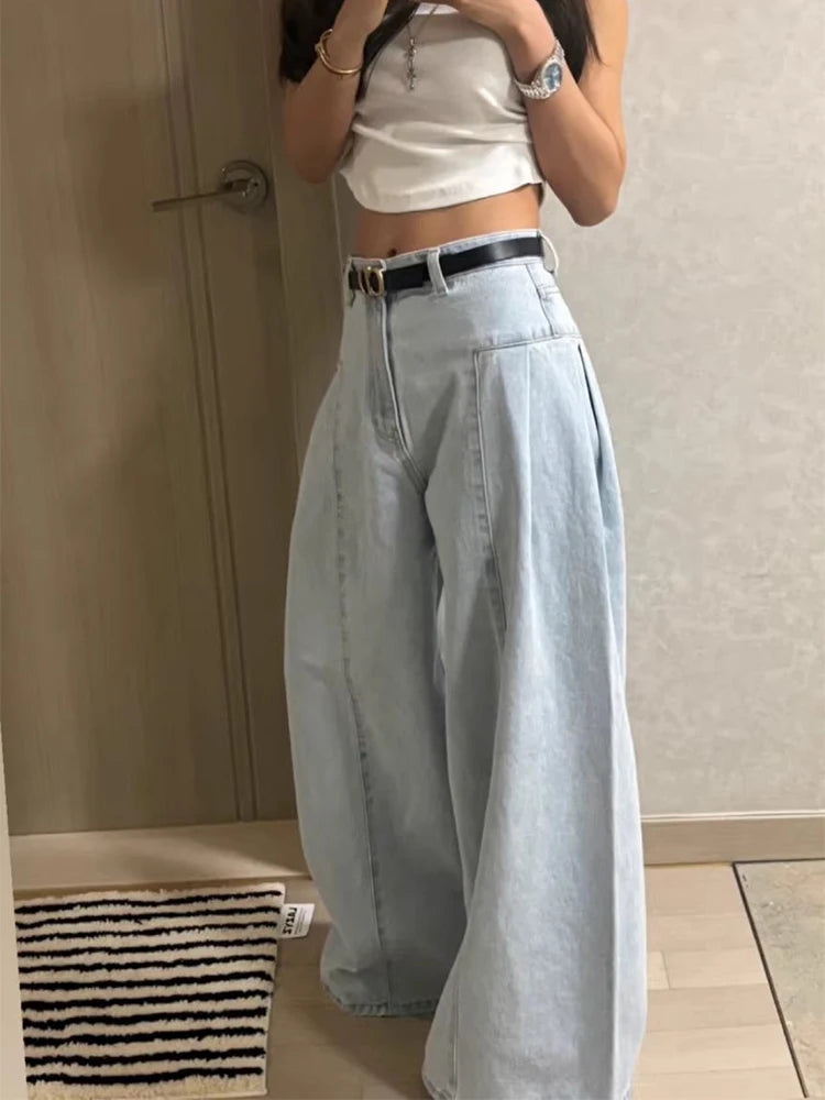 Chic High Waist Wide Leg Denim Jeans Women's Spring New Small ence Design Waed Straight Leg Long Pants Slimming Effect