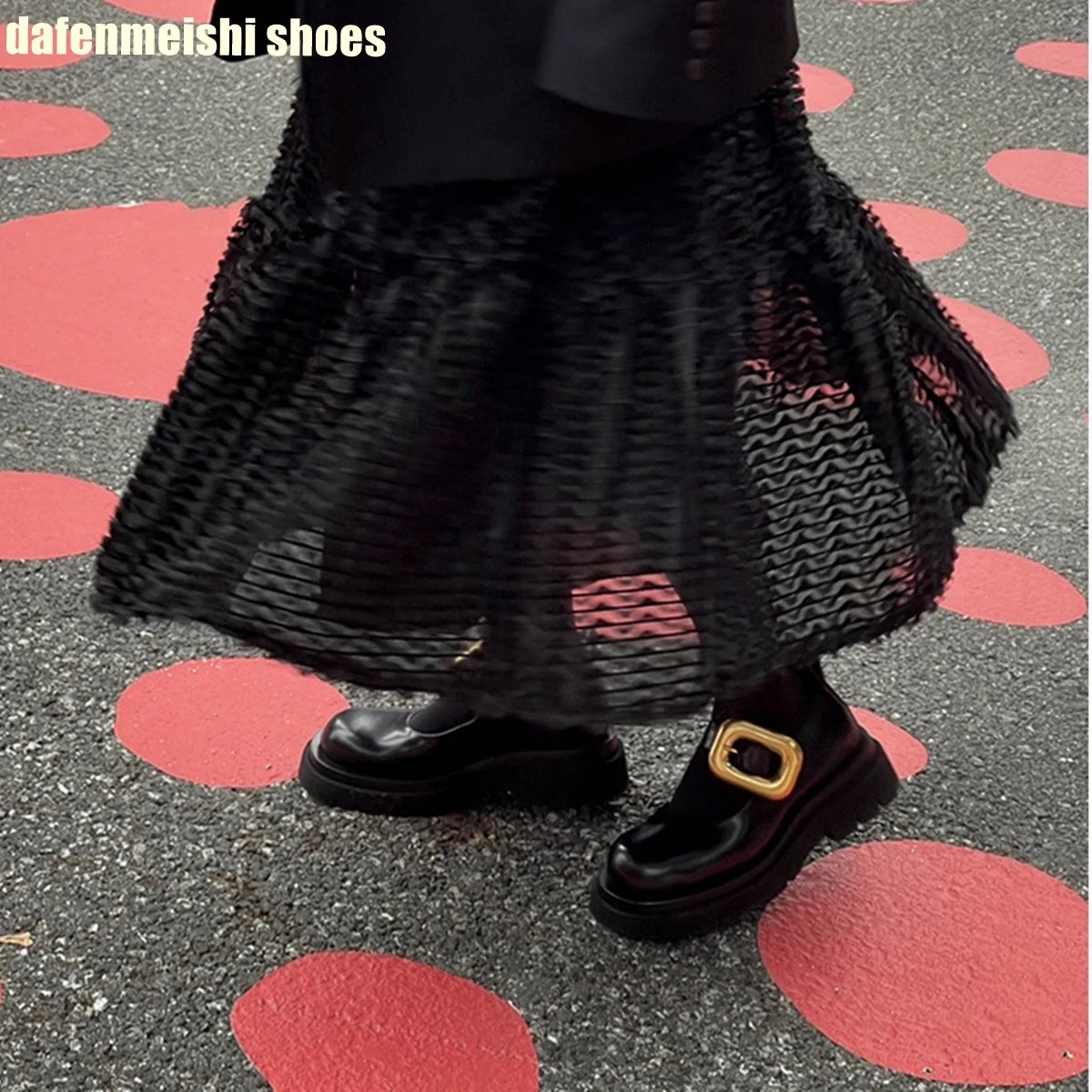 Metal Buckle Loafers Leather Shoes for Women Black Round Toe Platform Slip On Mary Jane Shoes 2026 Spring Fashion Casual Shoes