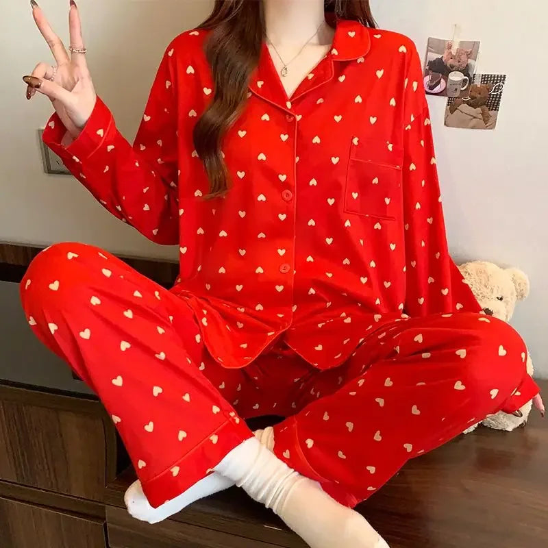 2025 Spring New Faux Cotton Women's Pajamas Set Y2k Lapel Button Cardigan Lounges Senior Red Love Heart Fashion Home Clothes 2pc