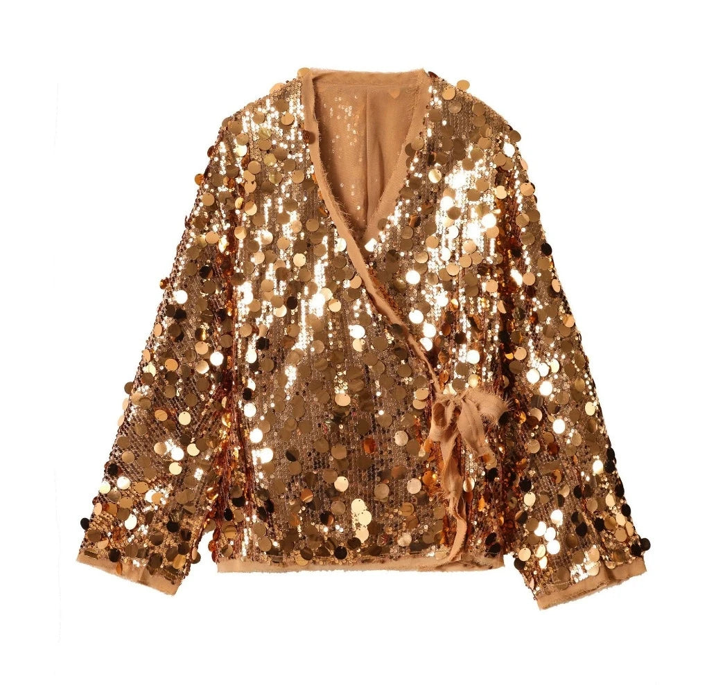 Women's Solid Color Sequin Leace-up Coat Temperament Commuting Long Sleeve Suit Cardigan Coats Female 2025 Spring New Hot Style