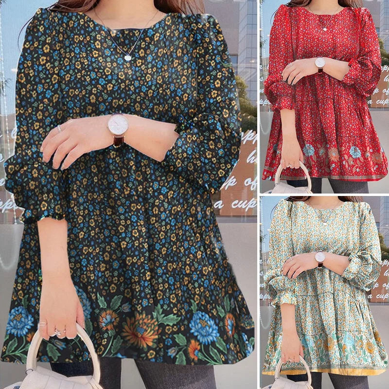 2022 The New Women Fashion Floral Print Tee Casual Ruffle Loose Top Ladies Puff Sleeves Spring and Autumn S-3XL Blouse T-Shirt