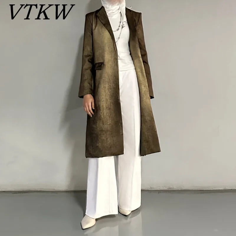 VTKW Halo Dyed Buttonless Lapel Design With High-quality 2025 Spring New Women's Blazer Versatile Long Suit Jacket