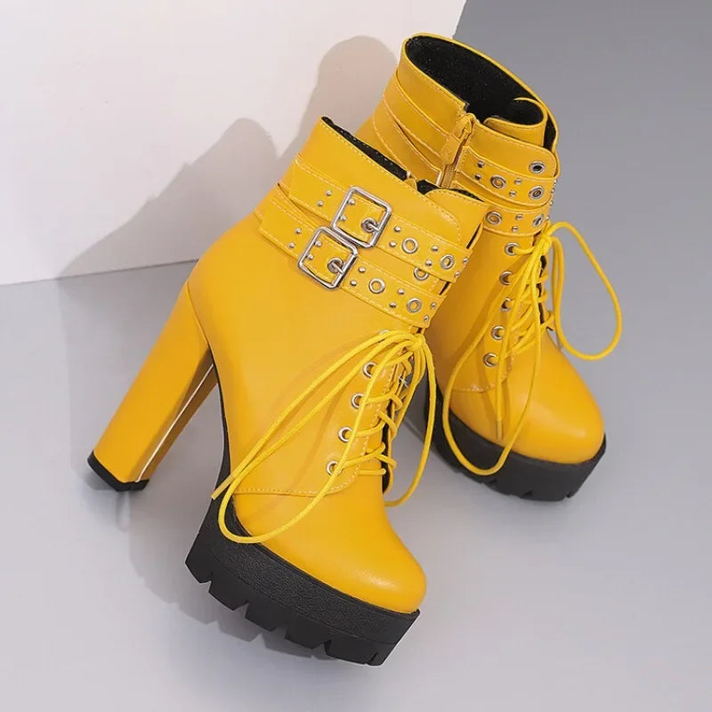 2024 Rivet Ankle Short Boots Round Head 13cm Heel Waterproof Platform Spring Autumn Boots 34-43 Belt Buckle Zip PU Women's Boots