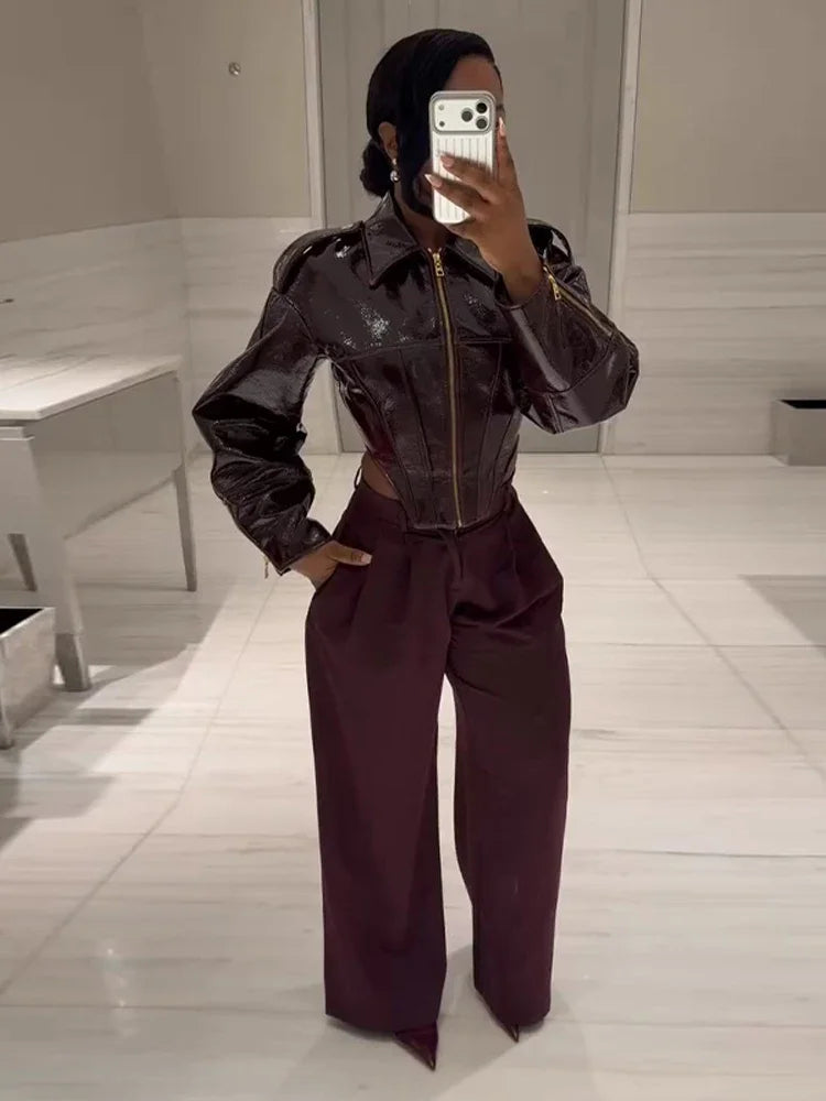 Elegant Burgundy Shiny Leather Lapel Collar Jackets Women Fashion Solid Full Sleeve Waist-cinching Outwear Lady Spring Chic Coat