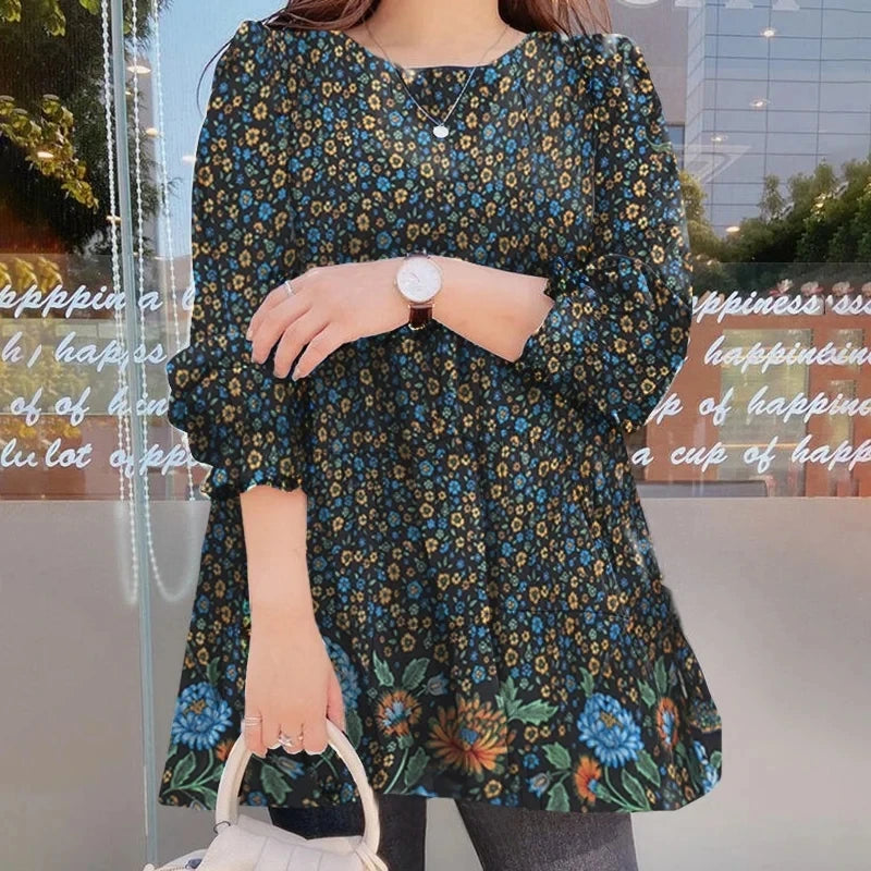2022 The New Women Fashion Floral Print Tee Casual Ruffle Loose Top Ladies Puff Sleeves Spring and Autumn S-3XL Blouse T-Shirt