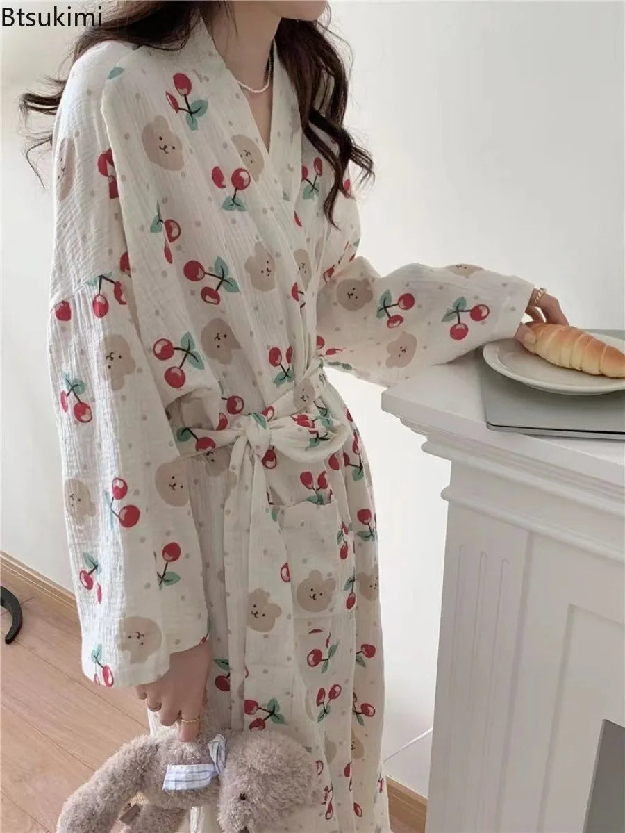 Women's Spring Autumn Robes Dress Home Clothes Long Sleeve Nightie for Women Pyjamas Cherry Print Ladies Homewear Robe Pyjama