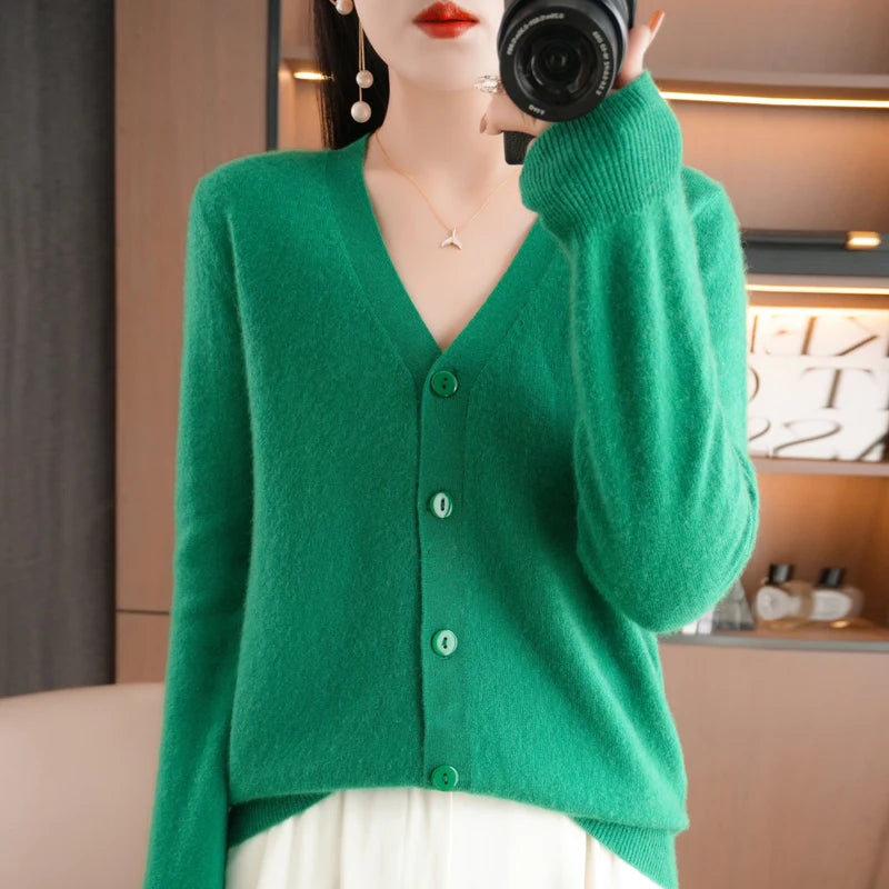New Worsted Spring And Autumn Female V-Neck Cardigan Solid Color Fashion High-Grade Loose Comfortable Knitted Cardigan-gh312