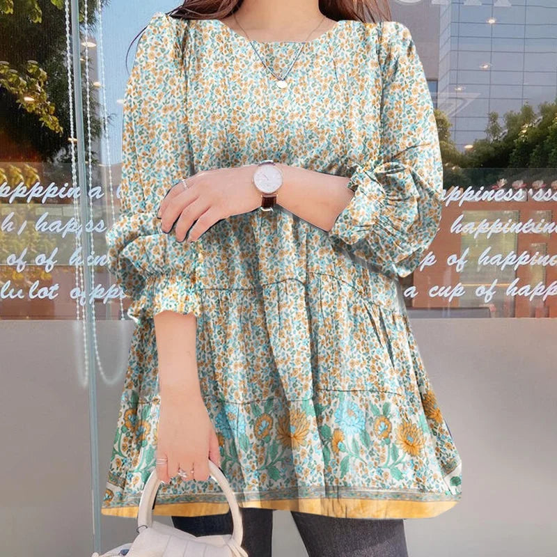 2022 The New Women Fashion Floral Print Tee Casual Ruffle Loose Top Ladies Puff Sleeves Spring and Autumn S-3XL Blouse T-Shirt