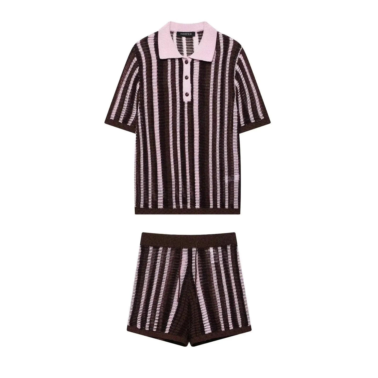 KONDALA Vintage Casual Chic Women Suit Striped Short Sleeve Knitted Tops Lace-up Shorts Fashion 2025 Spring Autumn Female Set