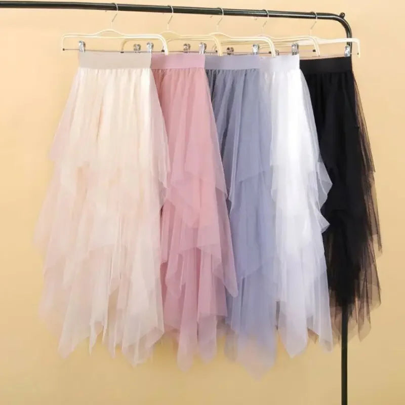Irregular Tulle Skirt Women Spring Mesh Summer High Waist Skirt Up Party Casual Style Gothic Black Aesthetic Midi Skirts
