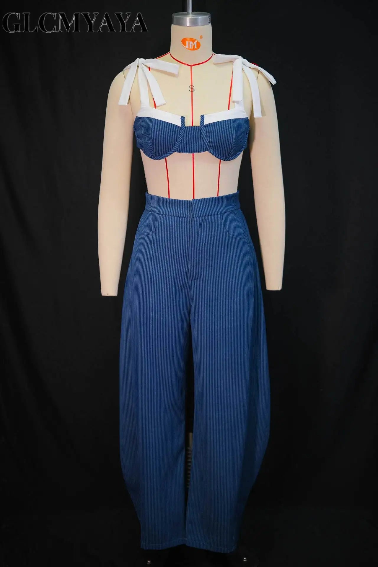 GLCMYAYA Street Women Set Striped Strapless Bow Crop Top and Long Pants 2026 Spring Party Vacation Sexy Two 2 Piece Set Outfits