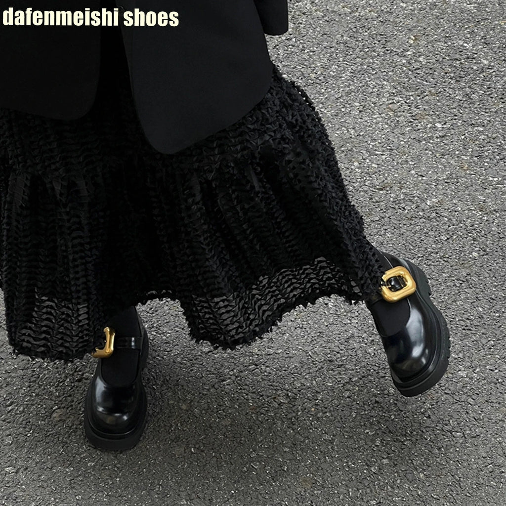 Metal Buckle Loafers Leather Shoes for Women Black Round Toe Platform Slip On Mary Jane Shoes 2026 Spring Fashion Casual Shoes