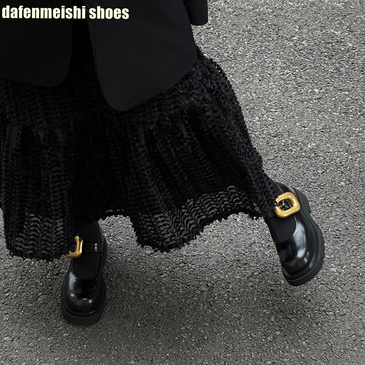 Metal Buckle Loafers Leather Shoes for Women Black Round Toe Platform Slip On Mary Jane Shoes 2026 Spring Fashion Casual Shoes