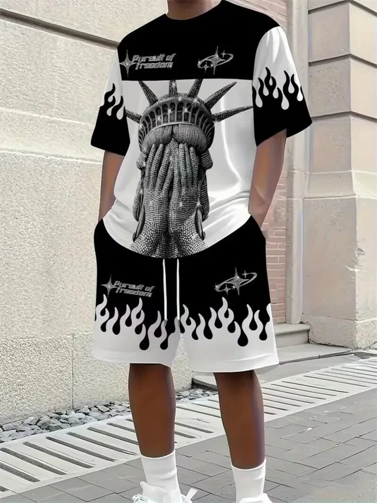 2026 New Spring/Summer Simple Letter 3D Printed Men's Casual Short-sleeved Set, Simple Daily Casual Men's 2pcs Set 2XS-6XL