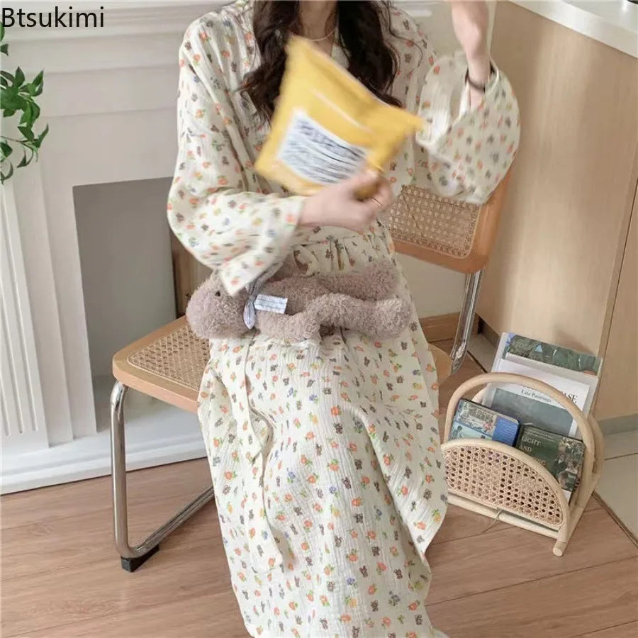 Women's Spring Autumn Robes Dress Home Clothes Long Sleeve Nightie for Women Pyjamas Cherry Print Ladies Homewear Robe Pyjama