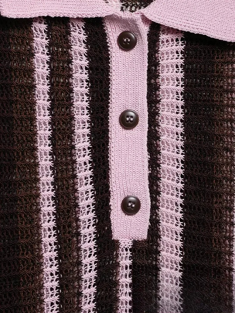 KONDALA Vintage Casual Chic Women Suit Striped Short Sleeve Knitted Tops Lace-up Shorts Fashion 2025 Spring Autumn Female Set